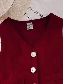 Elladie kids 2pcs/Set Young Girl V-Neck Button Front Retro Blazer Vest And Pleated Skirt Suit, Elegant Design For Commute And Casual Wear