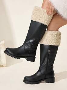 CUCCOO CHICEST Women's Patchwork Faux Fur Lined Tall Casual Boots Valentine's Day - Black - View 5
