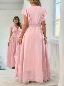 Roveilla Plus Size Elegant Solid Color Ruffle V-Neck Spring/Summer Pleated Dress - Pink - View 2