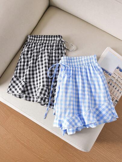 CosyJoli Plus Size Women Casual Summer Drawstring Waist Elastic Waist Plaid Print Shorts
