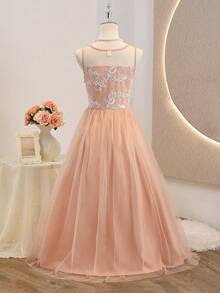 Teen Girl Round Neck Floral Embroidery Mesh Sleeveless Elegant Dress - Multicolor - View 2