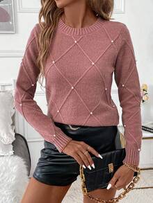 Editum Maglione invernale da donna con texture a diamante e decorazioni in perle, collo rotondo, adatto per vacanze, feste, festival musicali, abbigliamento casual, eventi di ritorno a scuola, come regalo e per lo shopping, maglioni autunnali, abbigliamento elegante da donna, top basic - Rosa antico - Visualizzare 5