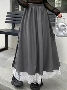 DAZY Women's Solid Color Drawstring Pleated Simple A-Line Skirt, Casual Daily Wear - Grey - View 6