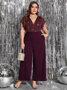 Gownix Plus Size Women's Elegant Shiny Jumpsuit, Suitable For Party And Gatherings, Black Jumpsuit With Pockets, Autumn/Winter - Burgundy - View 7