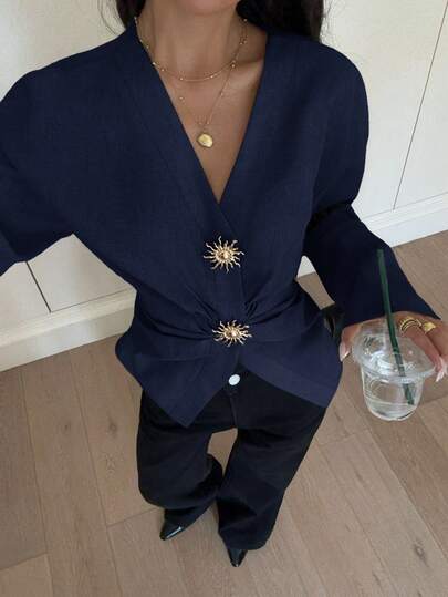 Siren Gaze Women's Elegant Minimalist Metal Button Decor Long Sleeve Pleated Slim Fit Blouse Spring