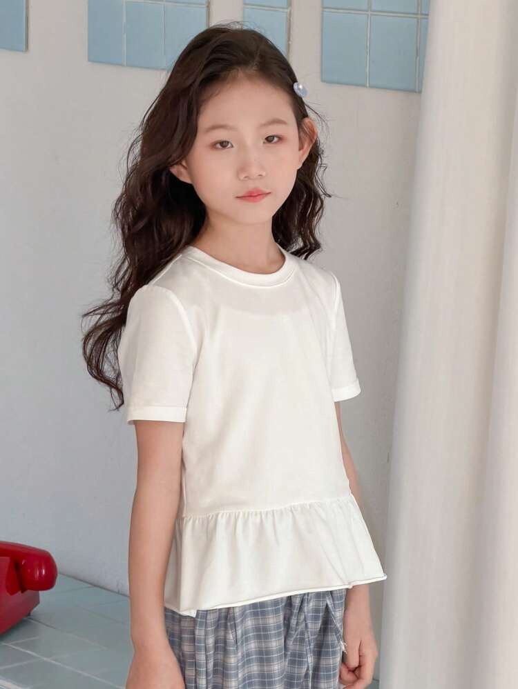 Tween Girls' Casual Solid Color Ruffle Hem Short Sleeve T-Shirt, Summer