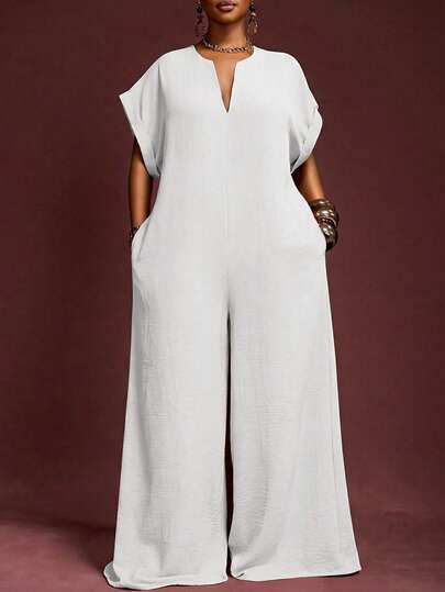 Veslaya 2025 New Vintage Elegant V-Neck Chocolate Color Short Sleeve Wide Leg Jumpsuit, Plus Size Women, Summer