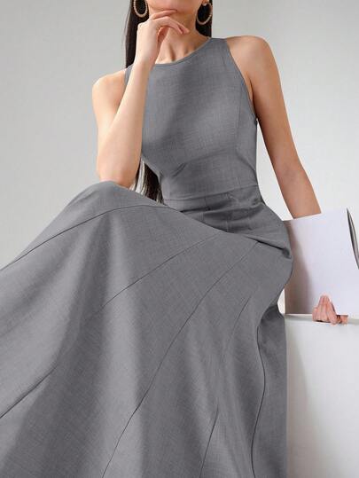 Heiryn Casual Commute Umbrella Print Long Dress For Women Grey Dresses For Women