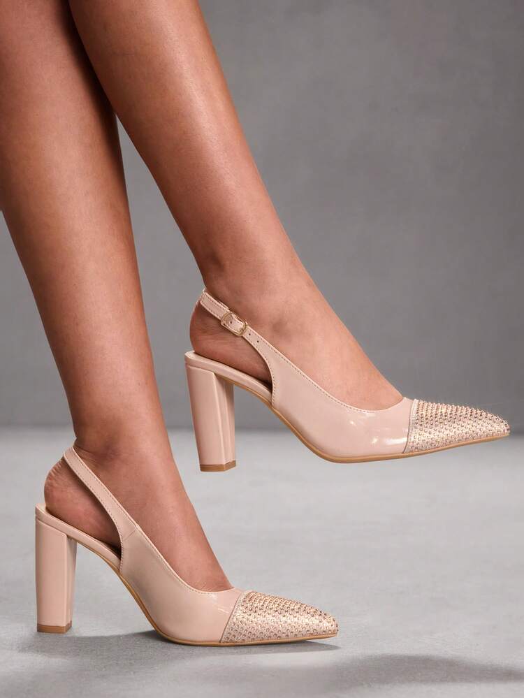 CUCCOO SZL Women's Apricot Elegant Pointed Toe High Heel Pumps, Crystal Embellished Chunky Heel Sexy Versatile Pumps, Alluring Party Ankle Strap High Heels, Suitable For Office, Outdoor, Wedding, Banquet, Party, Spring, Easter Spring Shoes