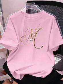 Resyla Women's Casual Letter Print Round Neck Short Sleeve T-Shirt, Summer - Pink - View 1