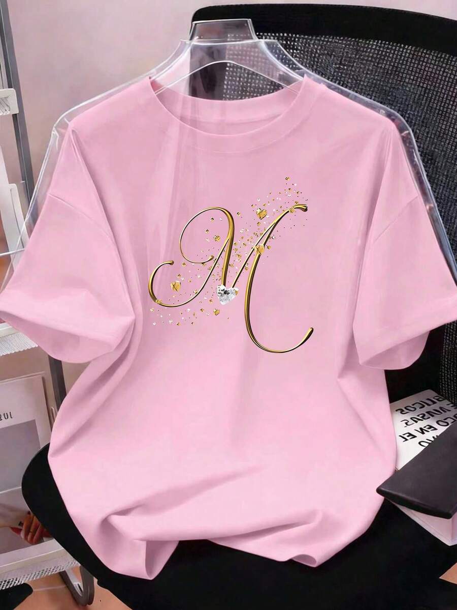 Resyla Women's Casual Letter Print Round Neck Short Sleeve T-Shirt, Summer - Pink - View 1