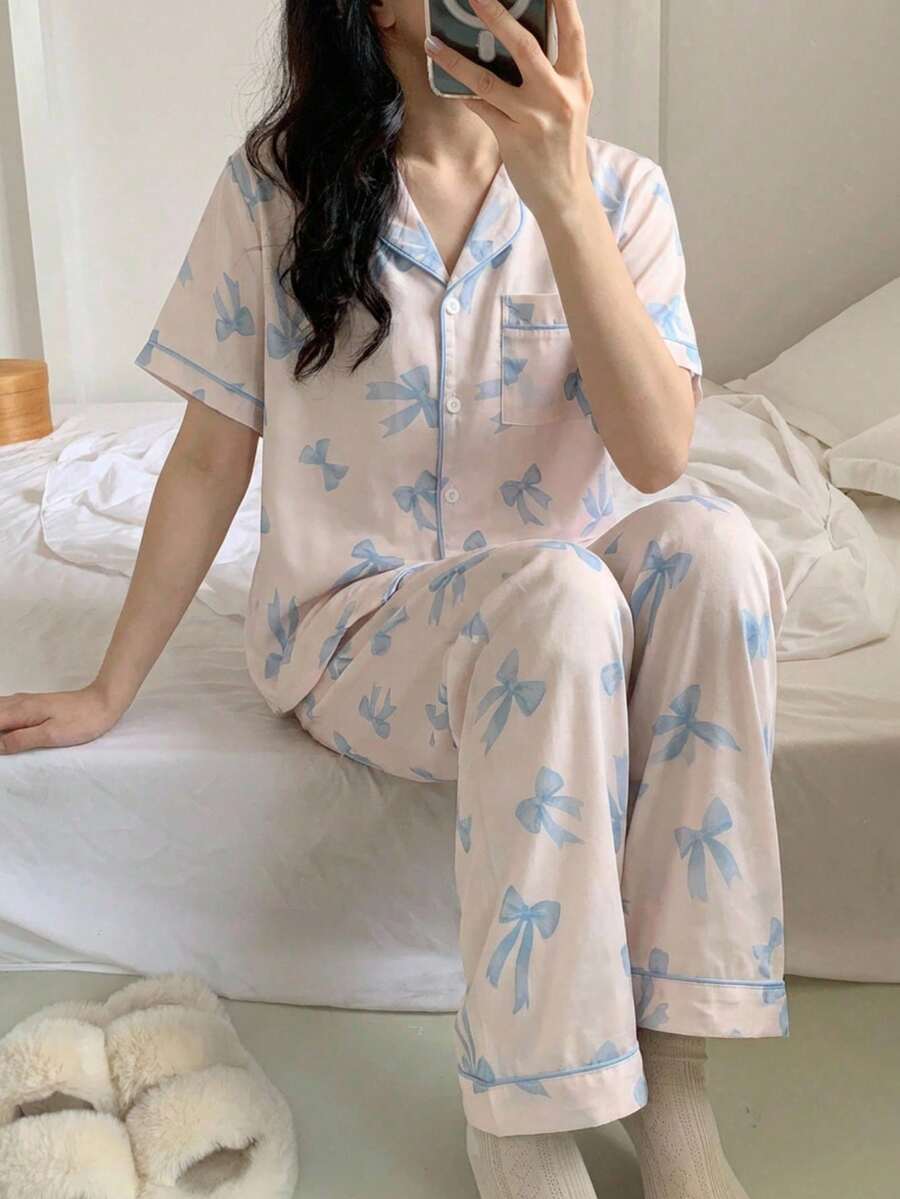 2pcs Women's Casual Bow Tie Printed Short Sleeve Top And Loose Pants Loungewear Set - Apricot - View 1