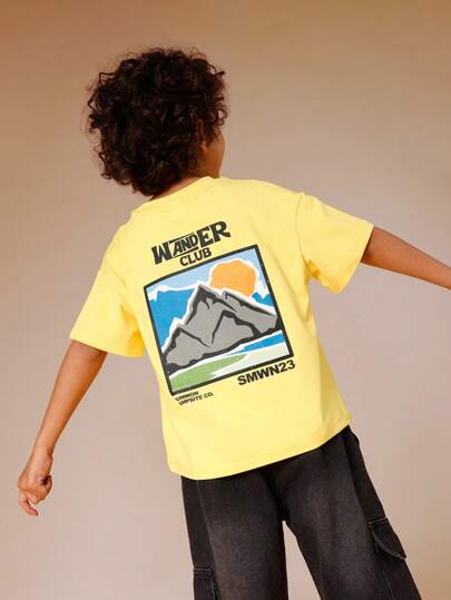 SUMWON 男童宽松图案T恤，Wander Club 山脉印花，短袖圆领，休闲夏季T恤，户外探险设计，黄色
