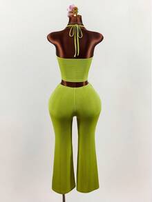 Amplova Women's Halter Lace Patchwork Top And Flared Pants Two Pieces Set, Sexy V-Neck Green - Green - View 9