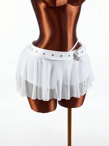 Amplova Women's Y2K Flowy Hem Sexy Avant-Garde Rhinestone Embellished Mini Skirt, Girlgroup Inspired - White - View 1