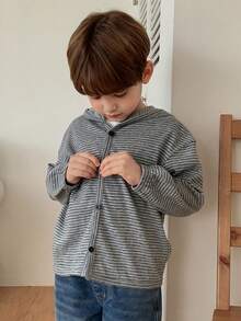 DAZY Young Boy Striped Print Hooded Casual Long Sleeve Jacket Spring - Grey - View 3