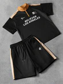 Aesthetic Post Bộ áo thun ngắn tay nam in họa tiết, cổ áo phối màu tương phản, phong cách thường ngày mùa hè. - màu đen - Xem 3