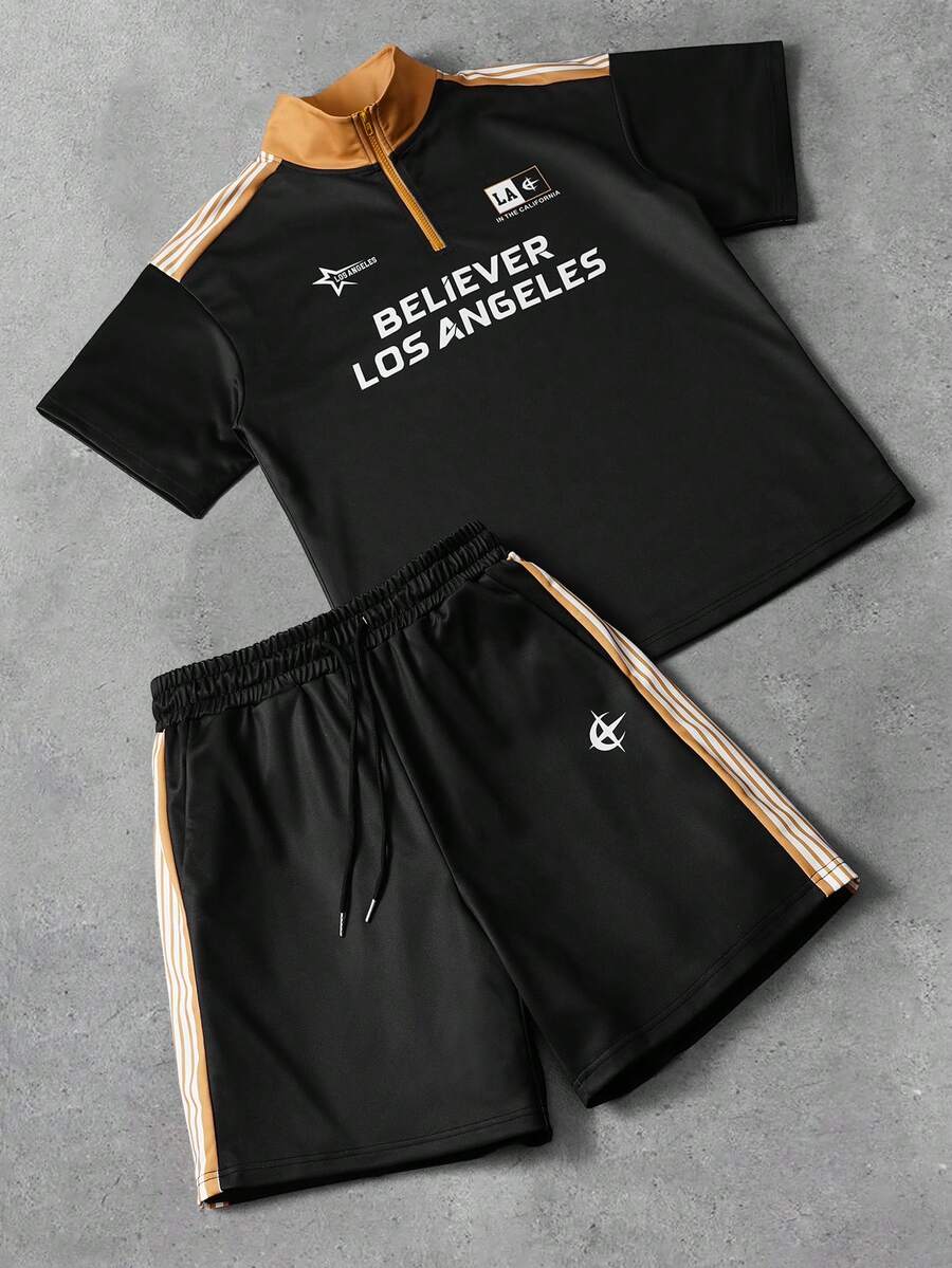 Aesthetic Post 男士撞色拼接领休闲夏季时尚印花短袖T恤套装 - 黑色 - 查看 1