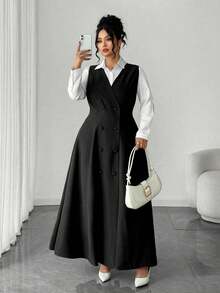 Elenzga Vestido de mujer de talla grande de unicolor con diseño de moneda vintage de doble botonadura, adecuado para volver a la escuela, graduación, San Valentín, festival de música, Día de la Madre, Halloween, Acción de Gracias, Pascua, Día Nacional, baile de graduación, cita, temporada de bodas, excursión al aire libre - Negro - Ver 4