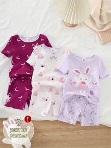 6 Pcs Baby & Baby Girl Rabbit & Flower Print Short Sleeve Top & Shorts Snug Fit Home Outfit Set - Multicolor - View 1
