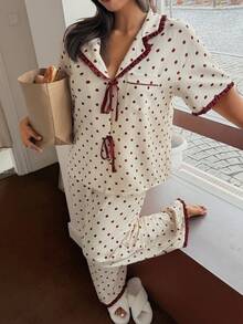 Dream Adore Plus Size Contrast Color Frill Trim Polka Dot Print Lapel Short Sleeve Loose Pajama Set Polka Dot Pajama Set Pajama Jumpsuit Cherry Pajamas Bow Pajamas Vintage Pajama Set - Apricot - View 6