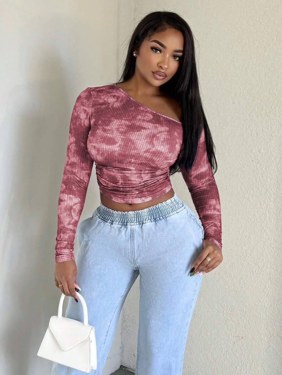 Alexandranx Women's Daily Wear Essentials Knit Stretchy Comfy Asymmetrical Neck Long Sleeve Tops - Red - View 1