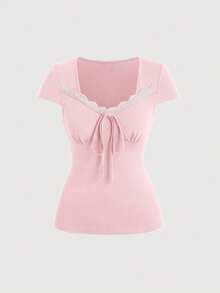 Sweetra Spetspatchwork Twist Sweetheart Neck Figurnära Trendig Kortärmad T-shirt - Babyrosa - Visa 1