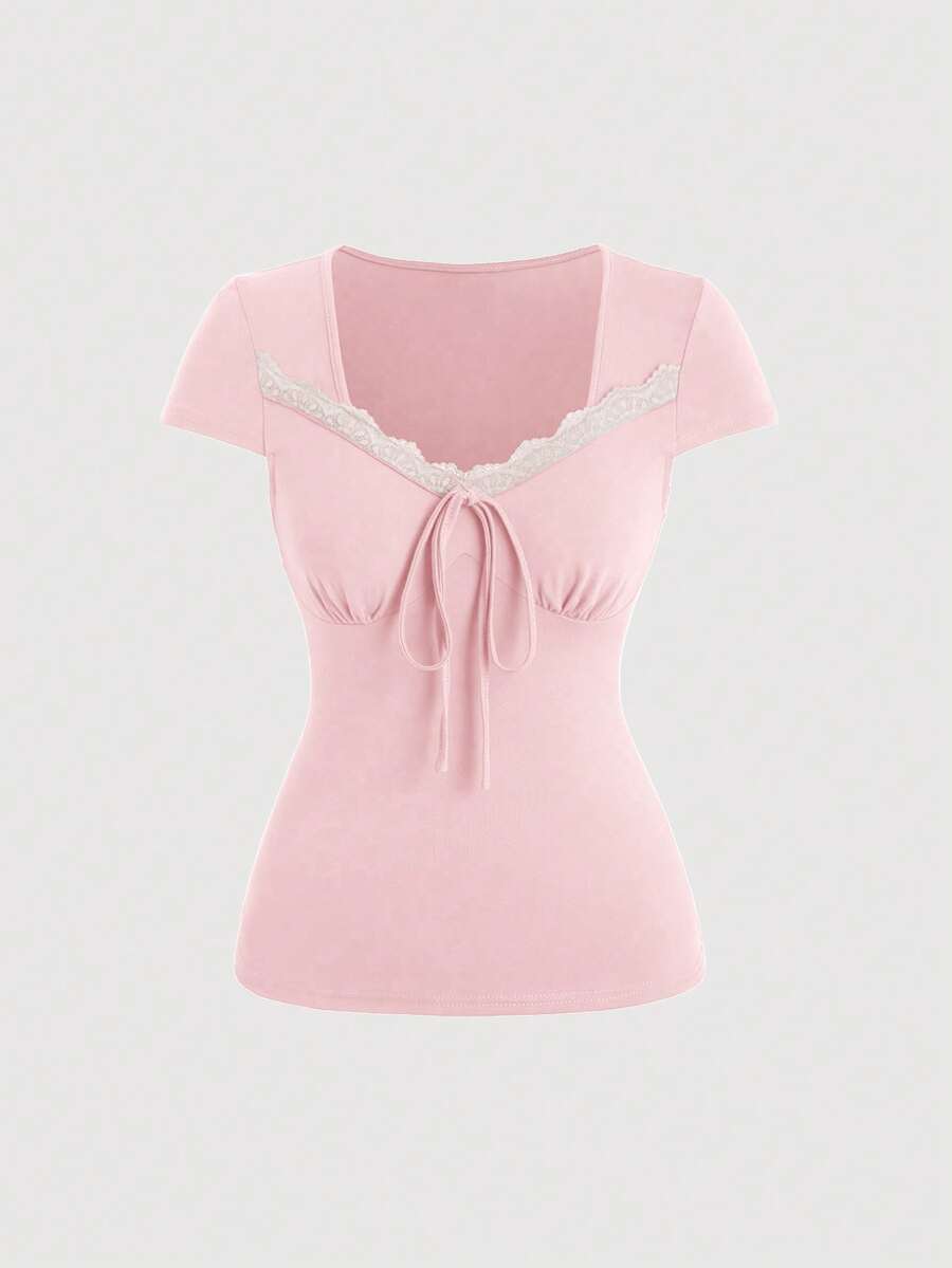 Sweetra Spetspatchwork Twist Sweetheart Neck Figurnära Trendig Kortärmad T-shirt - Babyrosa - Visa 1