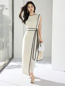 Heiryn Nuevo vestido asimétrico de alta gama con contraste de color y lazo envolvente al estilo coreano - Caqui - Ver 6
