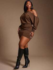 Radiana Elegant Plus Size Coffee Brown Mini Pencil Dress With Asymmetrical Neck Ruched Batwing Extra Long Sleeves For Women - Coffee Brown - View 5