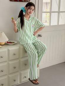 DAZY 夏季女童舒适条纹小熊印花短袖衬衫和裤子睡衣套装 - 綠色 - 查看 6