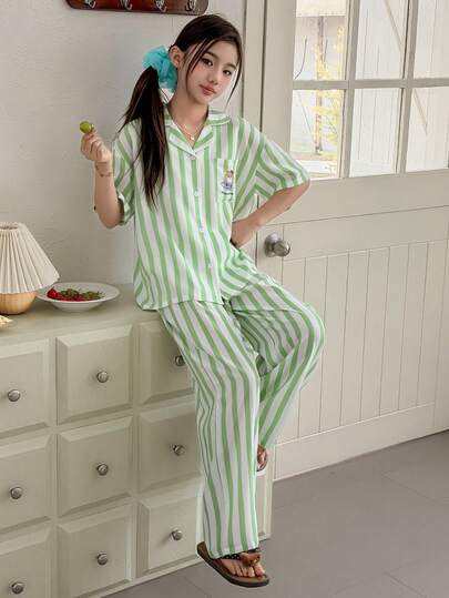 DAZY 夏季女童舒适条纹小熊印花短袖衬衫和裤子睡衣套装