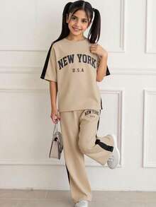 Tween Girls' Loose Casual Minimalist Comfortable Round Neck Patchwork Contrast Color T-Shirt And Pants Set - Multicolor - View 7