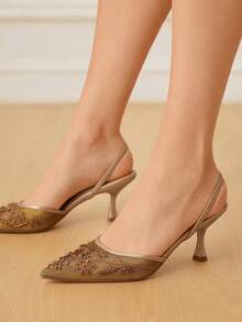 CUCCOO HITCHD Giày cao gót lưới màu sâm panh thêu ren mũi nhọn thanh lịch dành cho nữ, giày cô dâu cho buổi hẹn hò lãng mạn, đám cưới, tiệc tối - Vàng - Xem 5