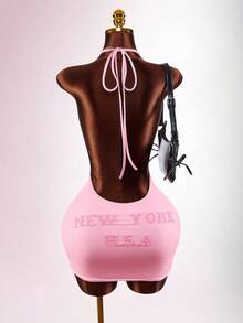 Amplova 女士性感字母刺绣露背吊带迷你连衣裙，夏季 - 粉色 - 查看 6