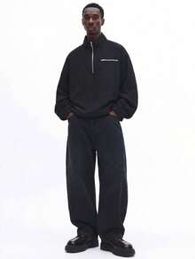 SUMWON Half Zip Quarter Zip Pullover Sweatshirt With Chest Zip Pocket Detail Long Sleeve Crew Neck Top - Black - View 6