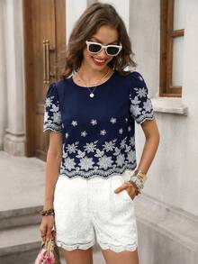 Solivie Women's Embroidered Round Neck Casual Blouse With Puff Sleeves, Spring/Summer - Navy Blue - View 5
