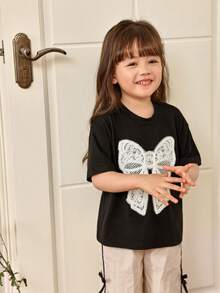 Genkimix Kids 2pcs/Set Young Girl Emboidery Bow Loose Sweet Shirt And Pants, School T-Shirt And Pants For Girl - Multicolor - View 4