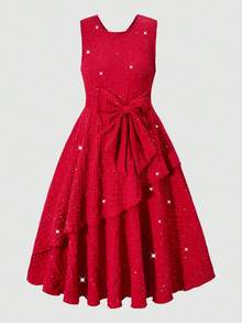 Elladie kids Summer Girls' Sleeveless Red Chiffon Elegant Dress With Big Bow, Suitable For Daily Wear - Burgundy - View 5