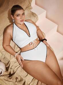 Swim Chiccia 2pcs Plus Size Women Textured Halter Neck Shell Trim Triangle Bikini Set, Vacation - White - View 5