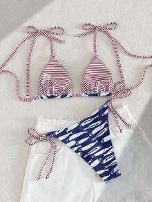 Swim Vcay Bikini sexy de 2 piezas para mujer con decoración de lazo en el hombro, inalámbrico y con relleno extraíble - Azul y blanco - Ver 2