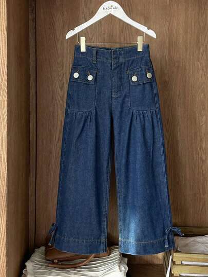 SHEIN Young Girls' Fashionable Loose Fit Jeans With Bow Decor