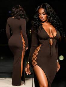Zyxie 女士性感修身系带镂空长裙，春夏款 - 摩卡棕 - 查看 1