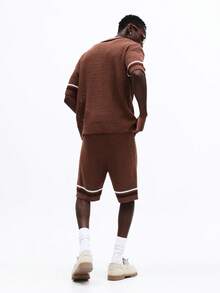 SUMWON Knit Cardigan And Shorts Co-Ord Set With Button Front Closure Cable Knit Texture White Contrast Trim Details Vacation - Coffee Brown - View 2