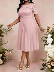 Fleurora Plus Size Women's Elegant Dusty Pink Summer Lace Patchwork Midi Dress,Wedding Ninang Graduation Guest Outfit,Short Sleeve Tea Party Birthday Dresses - Pink - View 4