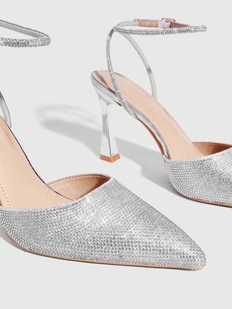 CUCCOO SZL Women's Silver Fashionable Elegant Pointed Toe High Heel Pumps, Rhinestone Decor Pyramid Heel Sexy High Heels, Alluring Ankle Strap Stiletto Pumps, Suitable For Office, Outdoor, Wedding, Banquet, Party, Spring, Easter Spring Shoes