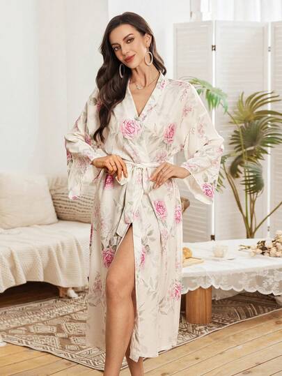 Serenescape Women's Casual Floral Print Long Robe, Vacation Style