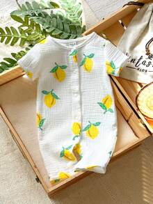 Vintaside Kids 新生儿连体裤，柔软舒适的绉纱面料，适合春、夏、秋季穿着，乡村风格柠檬水果印花，时尚可爱，百搭休闲夏季连体裤 - 白色 - 查看 3
