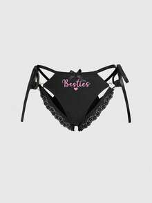 ROMWE Kawaii Quần lót dây mảnh ren in hình trái tim gợi cảm dành cho nữ - màu đen - Xem 1