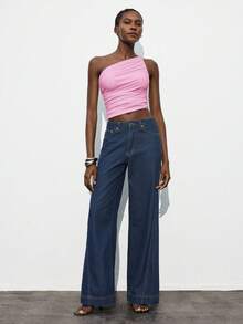 Maija 2026 Spring/Summer New Arrival Pink Asymmetrical Cut Asymmetric Shoulder Design Ruched Mesh Fabric Women Camisole, Chic & Elegant For Party, Urban Commute - Pink - View 4